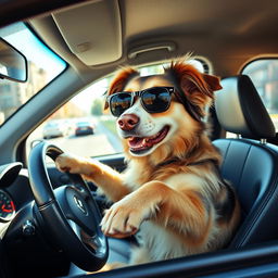 A dog driving a Renault Logan (El Nodal), with its paws on the steering wheel and a playful expression on its face, sitting in the driver's seat