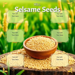 An eye-catching advertisement for selling sesame seeds, featuring a vibrant background that includes lush green fields and bright sesame plants