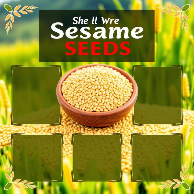 An eye-catching advertisement for selling sesame seeds, featuring a vibrant background that includes lush green fields and bright sesame plants