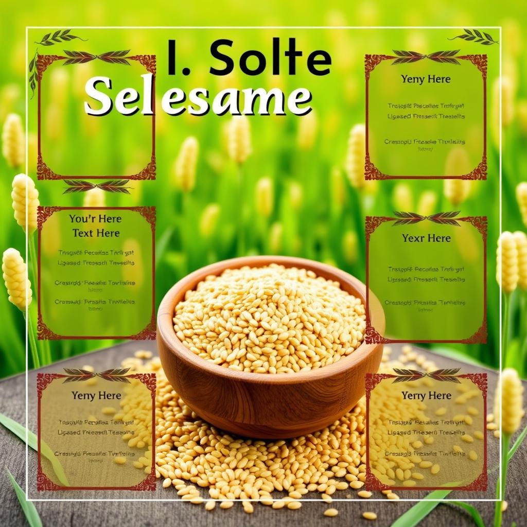 An eye-catching advertisement for selling sesame seeds, featuring a vibrant background that includes lush green fields and bright sesame plants