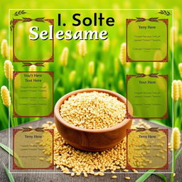 An eye-catching advertisement for selling sesame seeds, featuring a vibrant background that includes lush green fields and bright sesame plants