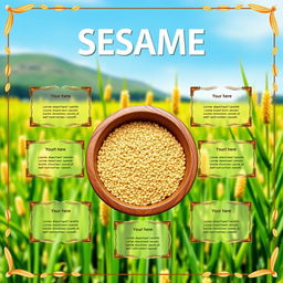 An eye-catching advertisement for selling sesame seeds, featuring a vibrant background that includes lush green fields and bright sesame plants