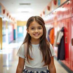 A beautiful and innocent-looking girl with shiny, dark brown hair and a soft smile, walking through a bright and colorful school corridor filled with lockers and classroom doors