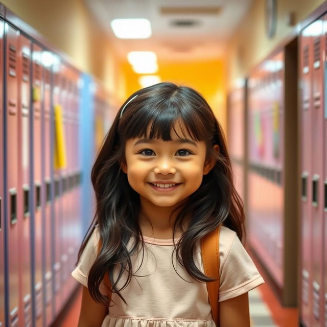 A beautiful and innocent-looking girl with shiny, dark brown hair and a soft smile, walking through a bright and colorful school corridor filled with lockers and classroom doors