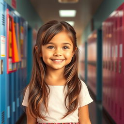 A beautiful and innocent-looking girl with shiny, dark brown hair and a soft smile, walking through a bright and colorful school corridor filled with lockers and classroom doors