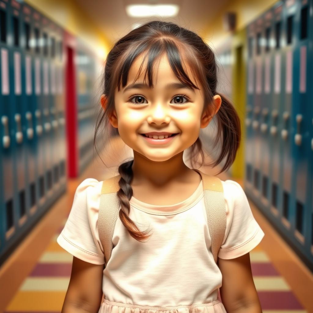 A beautiful and innocent-looking girl with shiny, dark brown hair and a soft smile, walking through a bright and colorful school corridor filled with lockers and classroom doors