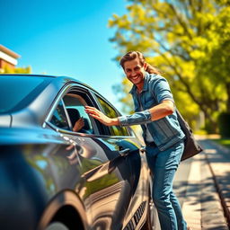 A realistic and engaging scene of a person reaching to open the door of a car parked on a sunny day