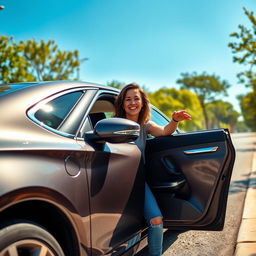 A realistic and engaging scene of a person reaching to open the door of a car parked on a sunny day