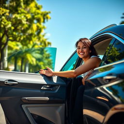 A realistic and engaging scene of a person reaching to open the door of a car parked on a sunny day