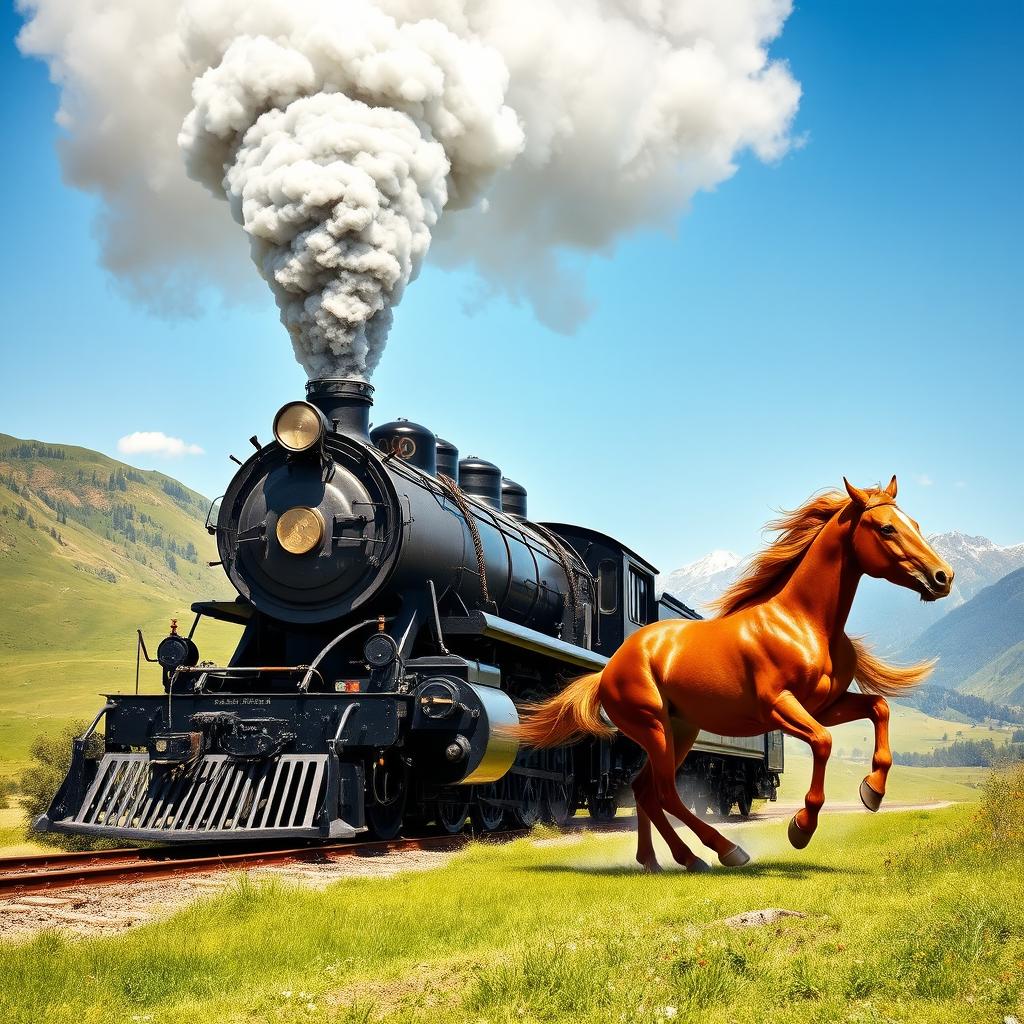 A majestic steam locomotive charging through a picturesque landscape, with a powerful horse galloping alongside it