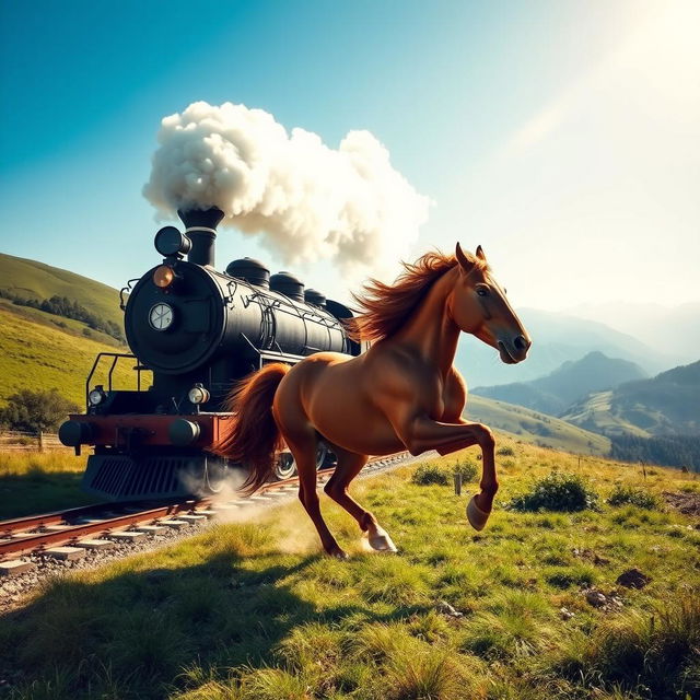 A majestic steam locomotive charging through a picturesque landscape, with a powerful horse galloping alongside it