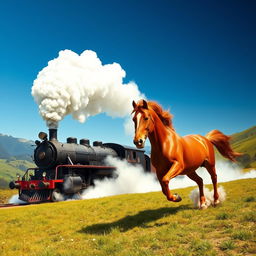 A majestic steam locomotive charging through a picturesque landscape, with a powerful horse galloping alongside it