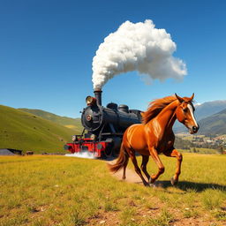 A majestic steam locomotive charging through a picturesque landscape, with a powerful horse galloping alongside it