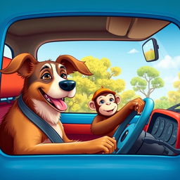 A dog and a monkey driving a Renault L90 (El L90), with the dog at the steering wheel and the monkey in the passenger seat