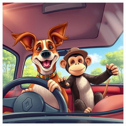 A dog and a monkey driving a Renault L90 (El L90), with the dog at the steering wheel and the monkey in the passenger seat