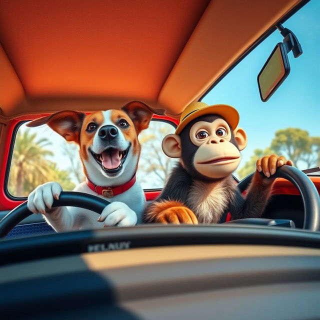 A dog and a monkey driving a Renault L90 (El L90), with the dog at the steering wheel and the monkey in the passenger seat