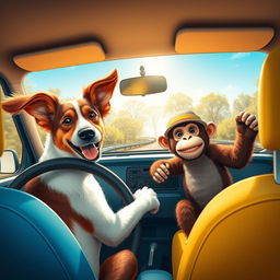 A dog and a monkey driving a Renault L90 (El L90), with the dog at the steering wheel and the monkey in the passenger seat