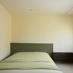 A bedroom with a 3-meter wide wall painted in a light cream color, complemented by a dark green bed measuring 160 cm in width situated adjacent to it.