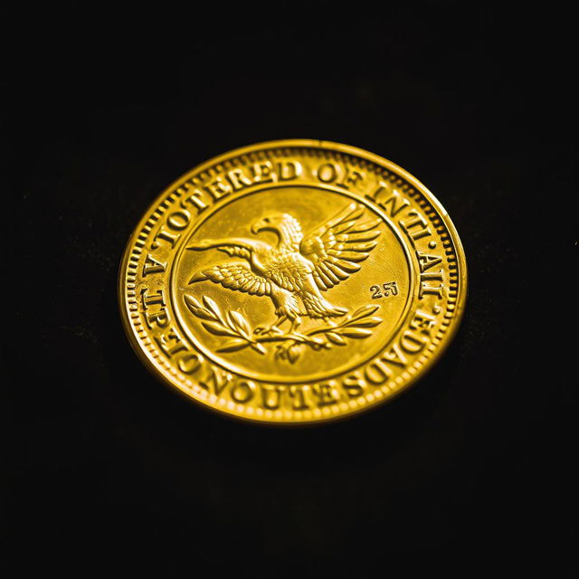 A shiny, gold-colored coin resting on a soft, dark velvet surface