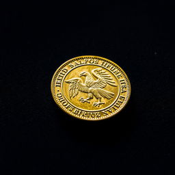 A shiny, gold-colored coin resting on a soft, dark velvet surface