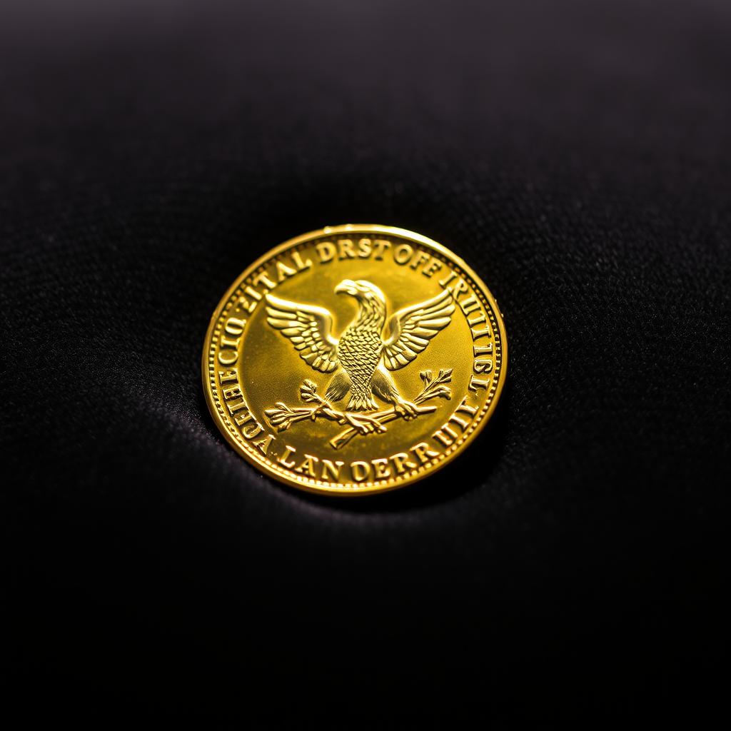 A shiny, gold-colored coin resting on a soft, dark velvet surface