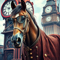 A steampunk horse adorned with stylish eyeglasses and a sophisticated coat, set against a vibrant Victorian-inspired backdrop filled with intricate machinery and gears