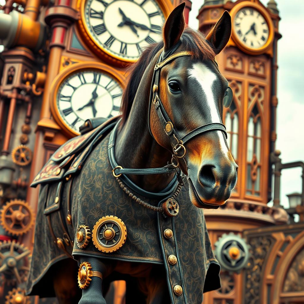 A steampunk horse adorned with stylish eyeglasses and a sophisticated coat, set against a vibrant Victorian-inspired backdrop filled with intricate machinery and gears