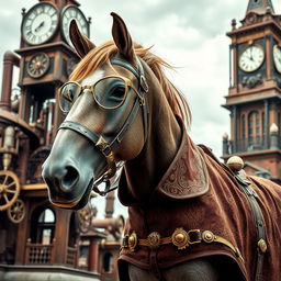 A steampunk horse adorned with stylish eyeglasses and a sophisticated coat, set against a vibrant Victorian-inspired backdrop filled with intricate machinery and gears