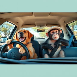 A dog and a monkey joyfully driving a Renault Logan (El Nodal), with the dog in the driver's seat and the monkey in the passenger seat