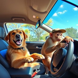 A dog and a monkey joyfully driving a Renault Logan (El Nodal), with the dog in the driver's seat and the monkey in the passenger seat