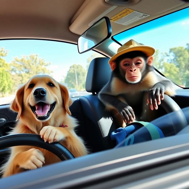 A dog and a monkey joyfully driving a Renault Logan (El Nodal), with the dog in the driver's seat and the monkey in the passenger seat