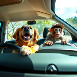 A dog and a monkey joyfully driving a Renault Logan (El Nodal), with the dog in the driver's seat and the monkey in the passenger seat