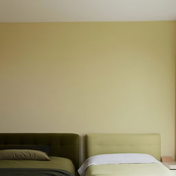 A bedroom with a 3-meter wide wall painted in a light cream color, complemented by a dark green bed measuring 160 cm in width situated adjacent to it.