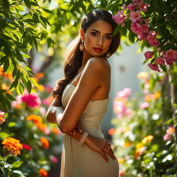 A beautiful woman standing confidently, adorned with elegant jewelry and surrounded by a lush garden filled with colorful flowers