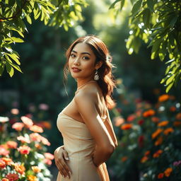 A beautiful woman standing confidently, adorned with elegant jewelry and surrounded by a lush garden filled with colorful flowers