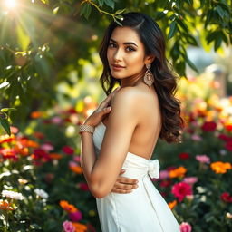 A beautiful woman standing confidently, adorned with elegant jewelry and surrounded by a lush garden filled with colorful flowers