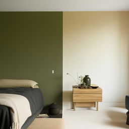 A bedroom with a 3-meter wide wall painted in a light cream color, complemented by a dark green bed measuring 160 cm in width situated adjacent to it.