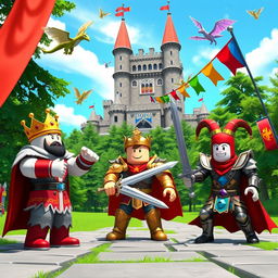 A vibrant and imaginative scene inspired by Roblox, featuring characters engaged in a medieval adventure as kings and warriors