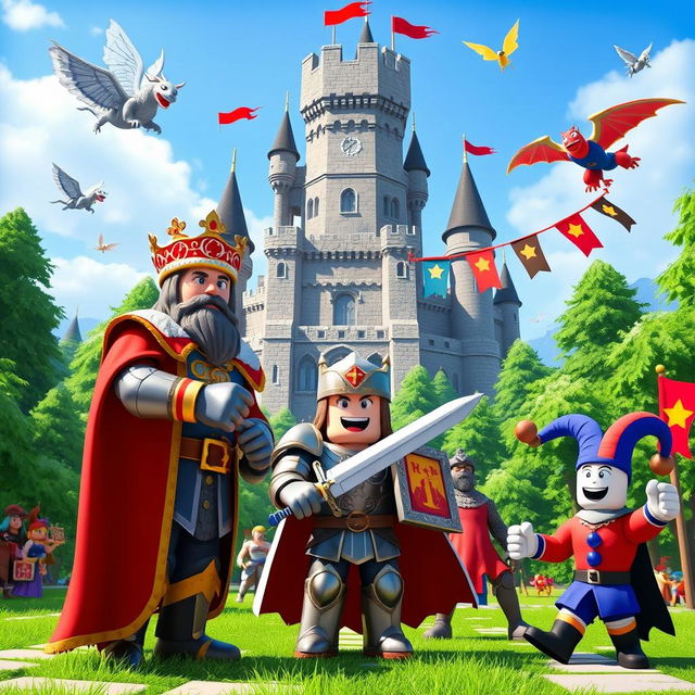 A vibrant and imaginative scene inspired by Roblox, featuring characters engaged in a medieval adventure as kings and warriors