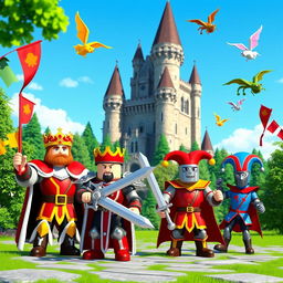 A vibrant and imaginative scene inspired by Roblox, featuring characters engaged in a medieval adventure as kings and warriors