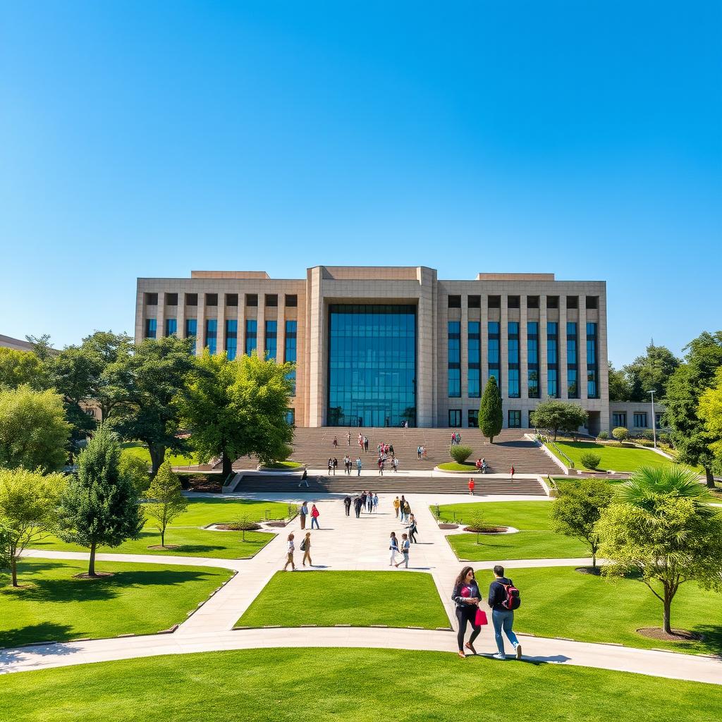 A stunning view of Sharif University of Technology in Iran, capturing its modern architecture and lush surroundings