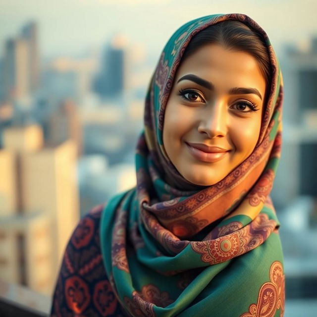 A beautiful woman wearing a colorful hijab with intricate patterns, looking confidently at the camera