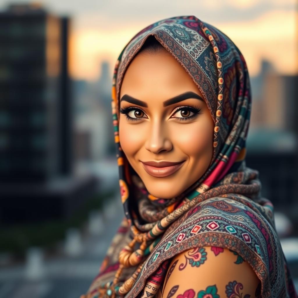 A beautiful woman wearing a colorful hijab with intricate patterns, looking confidently at the camera