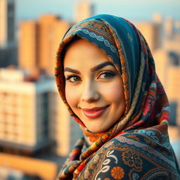 A beautiful woman wearing a colorful hijab with intricate patterns, looking confidently at the camera