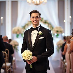 A handsome groom standing at the altar, wearing a classic black tuxedo with a crisp white dress shirt and a stylish bowtie