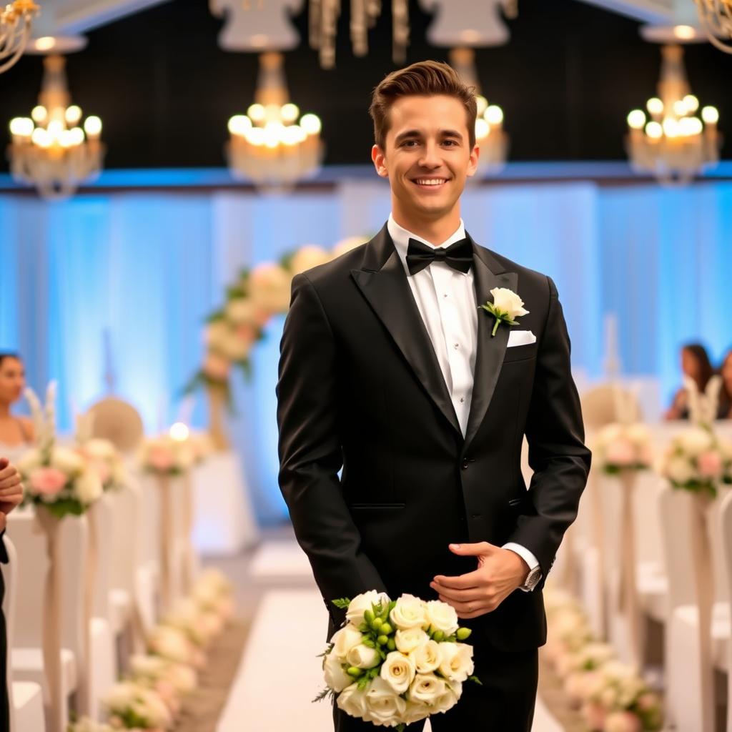 A handsome groom standing at the altar, wearing a classic black tuxedo with a crisp white dress shirt and a stylish bowtie