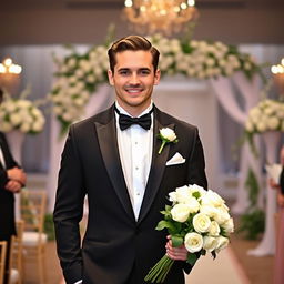 A handsome groom standing at the altar, wearing a classic black tuxedo with a crisp white dress shirt and a stylish bowtie