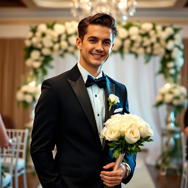 A handsome groom standing at the altar, wearing a classic black tuxedo with a crisp white dress shirt and a stylish bowtie