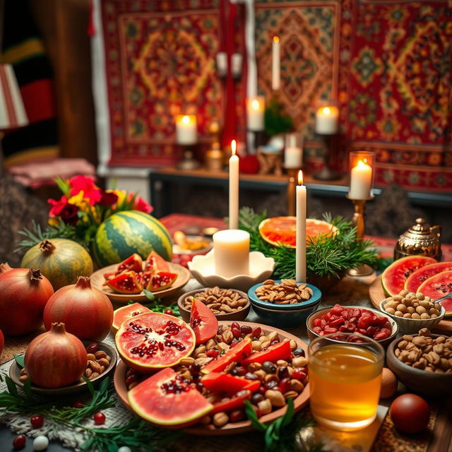 A beautifully arranged Yalda Night celebration scene featuring a colorful spread of traditional Iranian foods and decorations