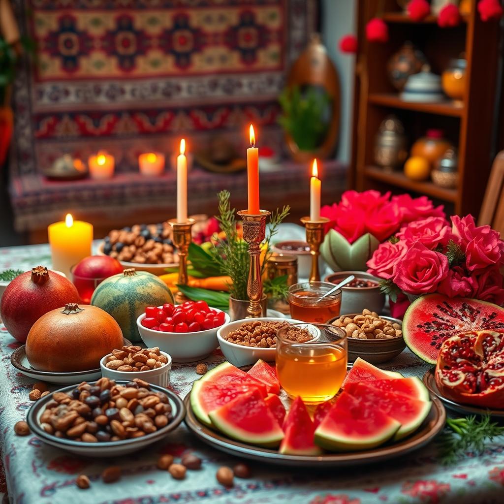 A beautifully arranged Yalda Night celebration scene featuring a colorful spread of traditional Iranian foods and decorations